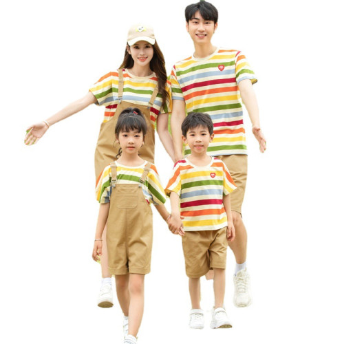 一家三四口網紅親子裝2025夏季條紋兒童短袖上衣韓版母女背帶褲潮