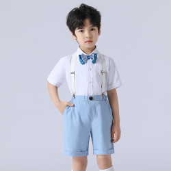 男童短袖襯衫+短褲兩件小西服套裝3-13嵗兒童休閒背帶主持人禮服