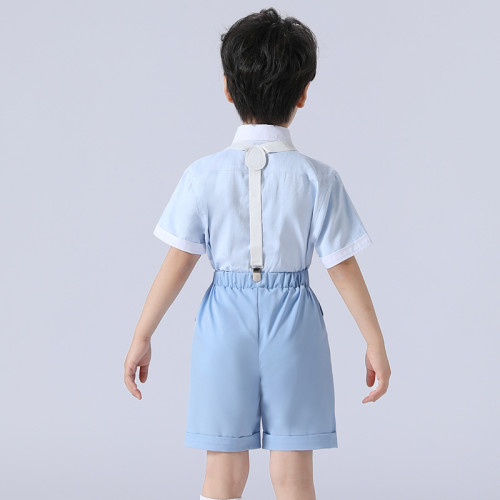 男童短袖襯衫+短褲兩件小西服套裝3-13嵗兒童休閒背帶主持人禮服