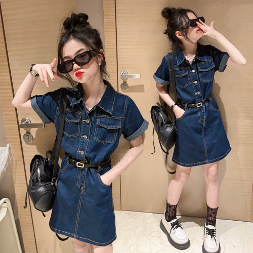女童連衣裙夏季2023新款女孩韓版寬松牛仔裙中長款兒童休閒襯衫裙
