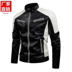 跨境外貿皮衣插色立領PU皮機車服外套春秋季薄款休閒皮夾克男ebay