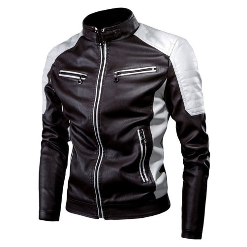 跨境外貿皮衣插色立領PU皮機車服外套春秋季薄款休閒皮夾克男ebay