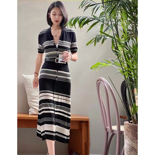 黑色條紋polo領短袖連衣裙女夏季2025新款韓版針織收腰中長款裙子