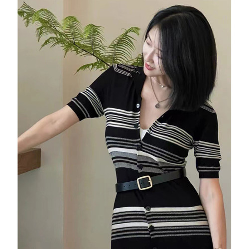 黑色條紋polo領短袖連衣裙女夏季2025新款韓版針織收腰中長款裙子