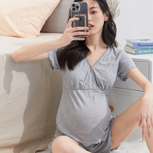 月子服哺乳短袖短褲套裝孕婦睡衣夏季薄款産後家居服兩件套喂嬭衣