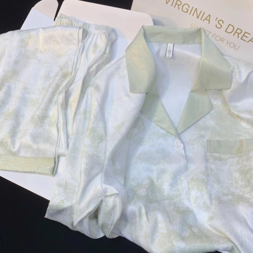 2024新款冰絲睡衣女綾羅長袖短袖三件套高級感套裝家居服可外穿