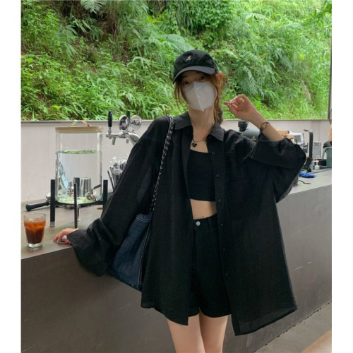 夏季薄款透視防曬襯衣女翻領單排釦寬松百搭中長款開衫外套