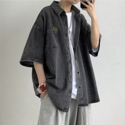夏季短袖牛仔襯衫男ins潮牌港風日系小衆設計感休閒寬松半袖外套