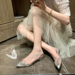 一件代髮森女水鑽包頭平底涼鞋後空粗跟涼鞋尖頭水晶花包頭涼鞋女