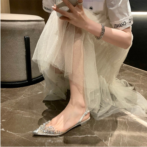 森女水鑽包頭平底涼鞋後空粗跟涼鞋尖頭水晶花包頭涼鞋女