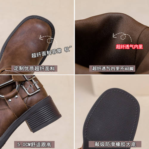 歐洲站2023夏皮帶釦粗跟馬丁靴不過膝長靴大碼女靴41-43 胖mm加寬