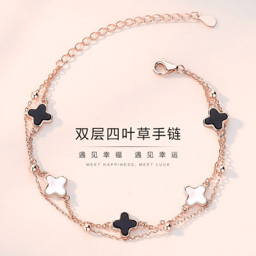 S925純銀雙層款四葉草手鏈女ins小衆設計高級感瑪瑙520情人節禮物