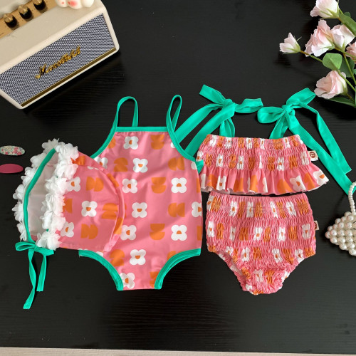 韓版夏季新款童裝女童寶寶花朵帶帽連體泳衣新生兒比基尼分體泳衣