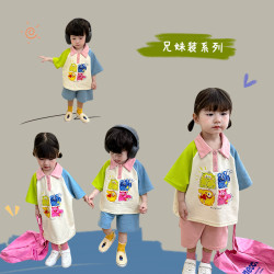 兄妹裝新款韓國童裝兒童卡通拼色袖子polo衫套裝短袖短褲兩件套