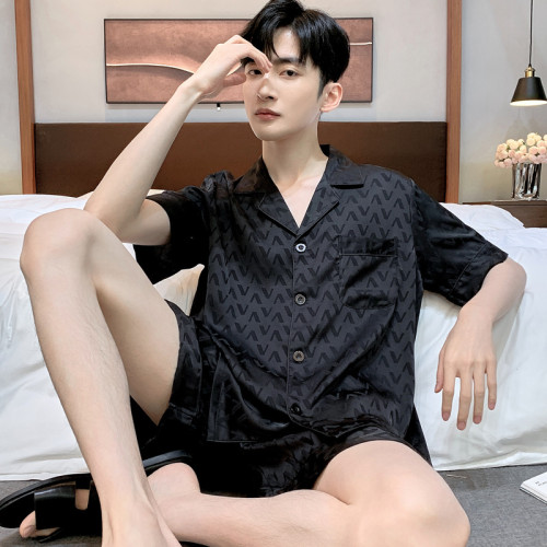 高檔提花睡衣男士夏季夏款冰絲短袖夏天男款冰雪絲綢大碼家居服