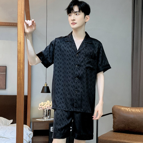 高檔提花睡衣男士夏季夏款冰絲短袖夏天男款冰雪絲綢大碼家居服