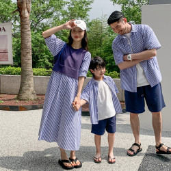 條紋拼接襯衫連衣裙家庭裝2025新款韓版洋氣親子裝一家三四口上衣