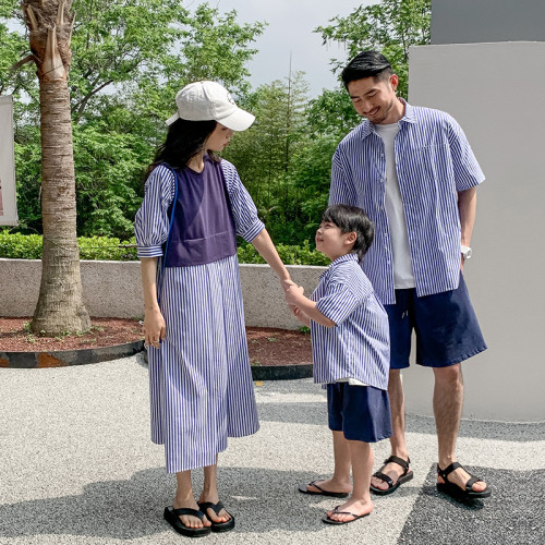 條紋拼接襯衫連衣裙家庭裝2025新款韓版洋氣親子裝一家三四口上衣