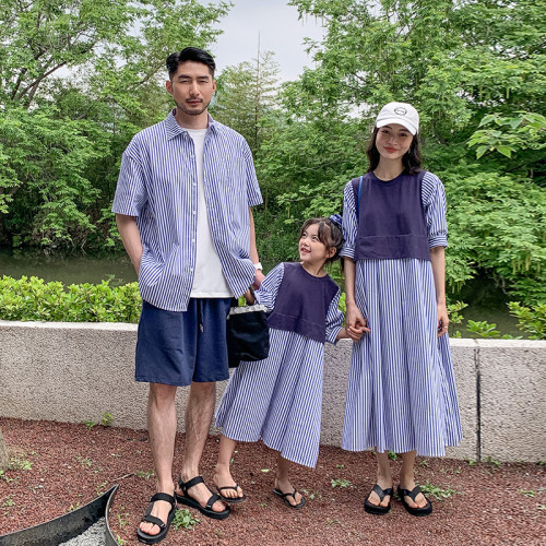 條紋拼接襯衫連衣裙家庭裝2025新款韓版洋氣親子裝一家三四口上衣