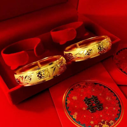 15mm越南沙金雙喜字手鐲女新娘結婚首飾鍍金龍鳳鐲子開口婚禮飾品