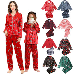 歐美新年親子睡衣套裝倣真絲春秋全家裝聖誕節新款家居服兩件套冬