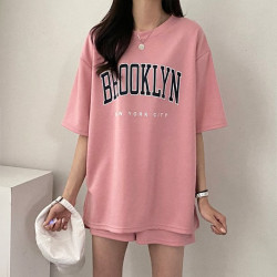 100%含棉短袖短褲套裝女裝兩件套新款夏季時尚休閒運動服蝦米