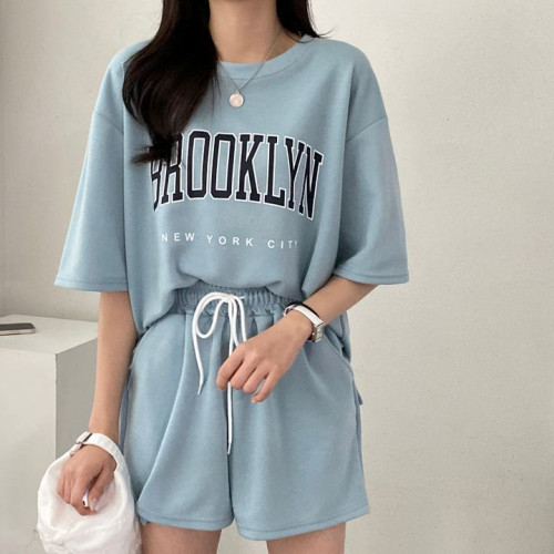 100%含棉短袖短褲套裝女裝兩件套新款夏季時尚休閒運動服蝦米