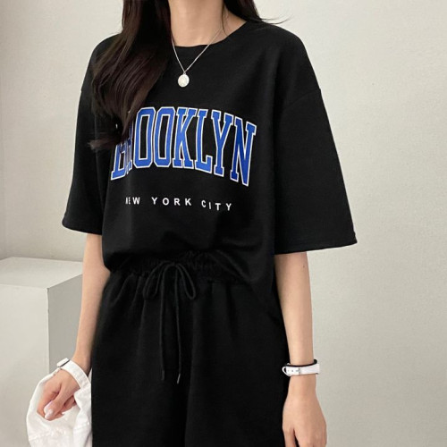 100%含棉短袖短褲套裝女裝兩件套新款夏季時尚休閒運動服蝦米