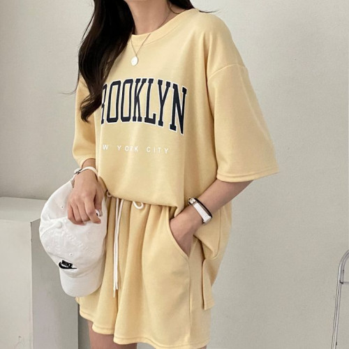 100%含棉短袖短褲套裝女裝兩件套新款夏季時尚休閒運動服蝦米
