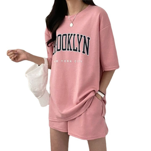 100%含棉短袖短褲套裝女裝兩件套新款夏季時尚休閒運動服蝦米