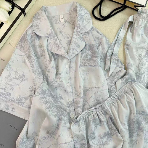2023新款睡衣女夏季藝術水墨短袖三件套高級感輕奢居家服可外穿