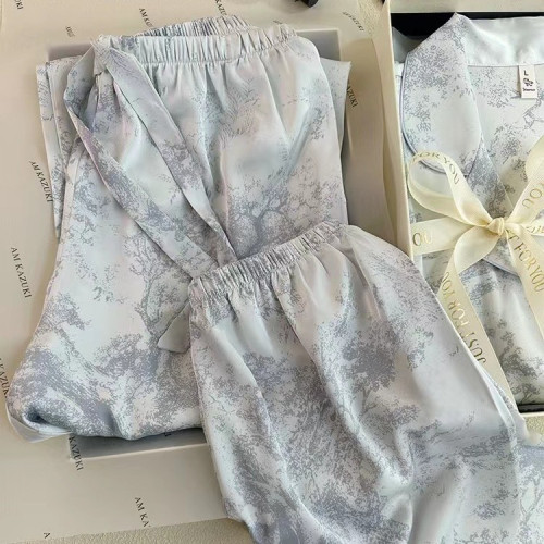 2023新款睡衣女夏季藝術水墨短袖三件套高級感輕奢居家服可外穿
