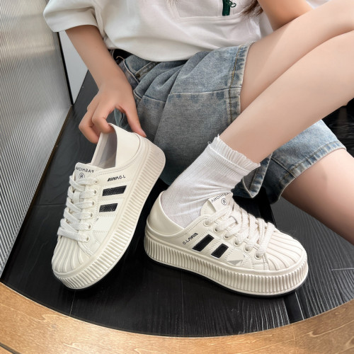 爆款小白鞋女2025春夏真皮休閒運動板鞋厚底兩穿女鞋餅乾