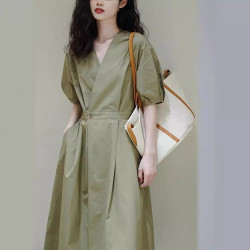 時尚綠色襯衫連衣裙夏季2025新款韓系小個子時尚休閒收腰顯瘦裙子