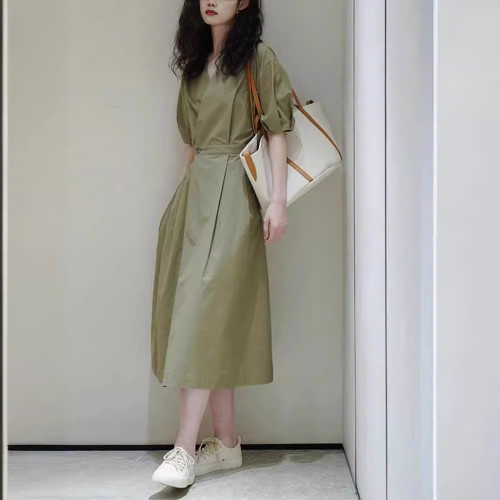 時尚綠色襯衫連衣裙夏季2025新款韓系小個子時尚休閒收腰顯瘦裙子