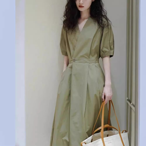 時尚綠色襯衫連衣裙夏季2025新款韓系小個子時尚休閒收腰顯瘦裙子