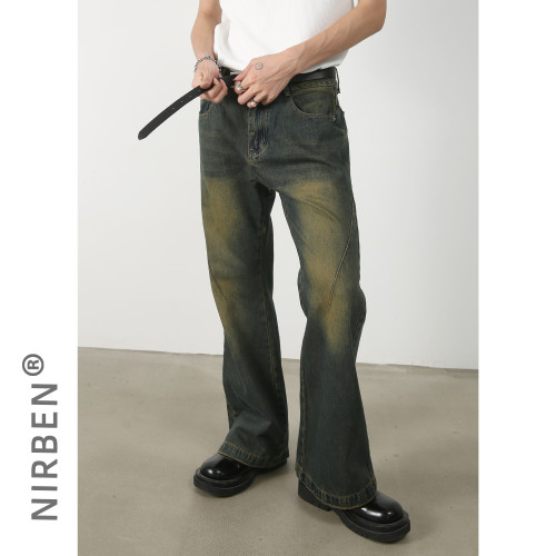 nirben牛仔|新品顯瘦高微喇叭VIBE風水洗做舊寬松牛仔褲長褲男潮