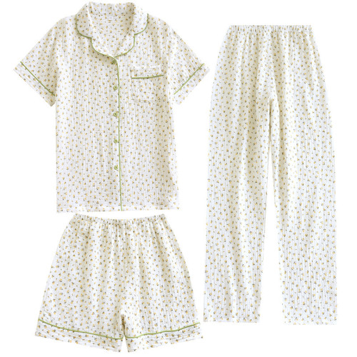 女士夏季棉紗短袖長褲家居服夏天薄款睡衣三件套春秋棉居家服套裝