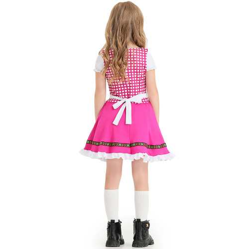 2025年兒童服裝德國傳統啤酒節套裝黑粉色格子印花民族表演服