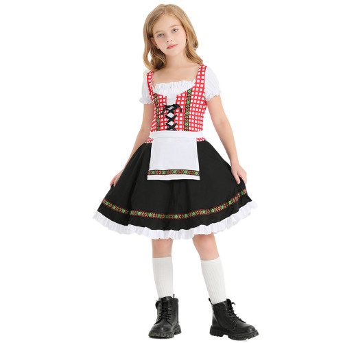 2025年兒童服裝德國傳統啤酒節套裝黑粉色格子印花民族表演服
