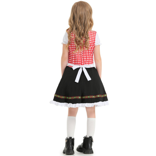 2025年兒童服裝德國傳統啤酒節套裝黑粉色格子印花民族表演服