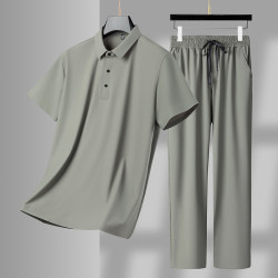 夏季新款男士冰絲套裝男薄款潮流休閒polo衫短袖長褲兩件套家居服