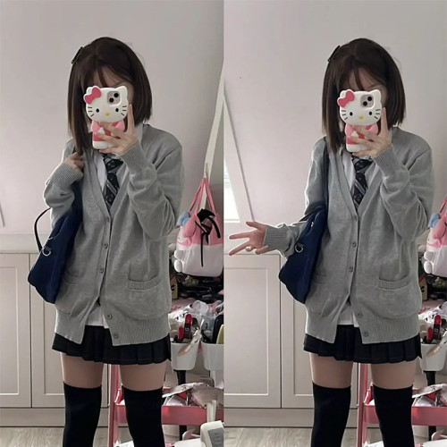 JK毛衣開衫外套女春秋日系學院風製服校供感深灰長袖針織上衣