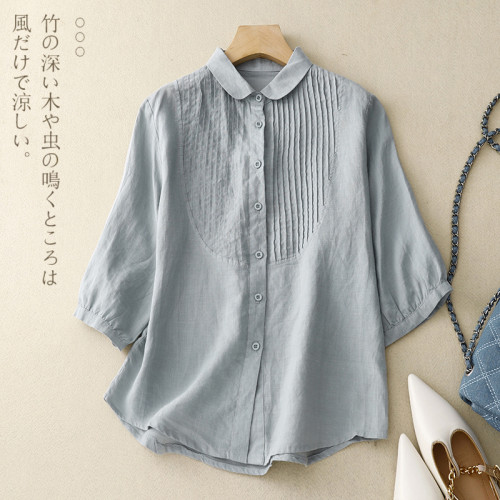 2023夏季新款七分袖Polo領棉麻襯衫女文藝復古風琴褶純色開衫上衣