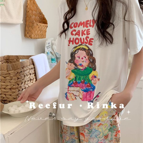 Reefur Rinka梨花家睡衣女卡通可愛圓領套頭蛋糕娃娃印花短袖長褲