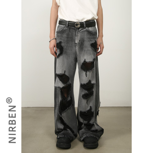 nirben牛仔|破洞濶腿牛仔褲男2023新款直筒寬松高街vibe拖地褲
