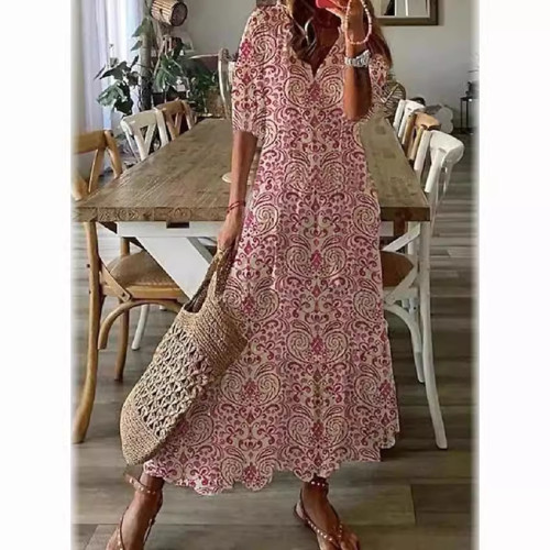歐美 休閒甜美寬松V領印花吊須中袖長款連衣裙女