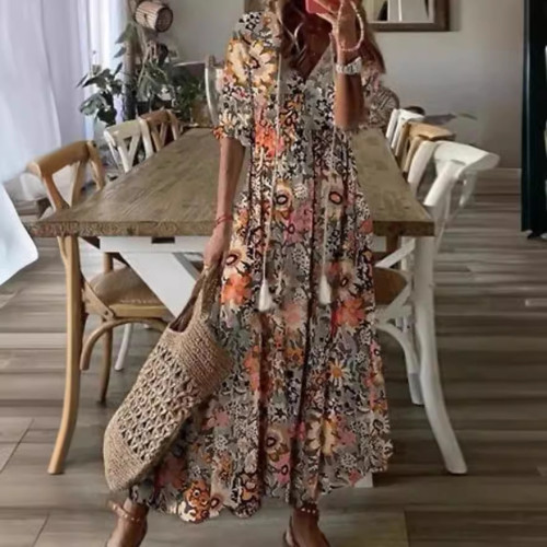 歐美 休閒甜美寬松V領印花吊須中袖長款連衣裙女