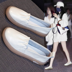 小白鞋女真皮2025新款頭層牛皮軟底孕婦護士鞋一腳蹬淺口樂福女鞋