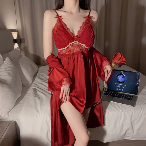 睡衣女士夏天冰絲綢性感蕾絲高級感吊帶胸墊睡裙薄款春夏家居服